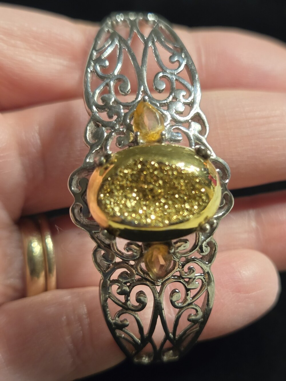 Vintage Silver 925 Scroll Filigree Cuff Bracelet Druzy & Citrine